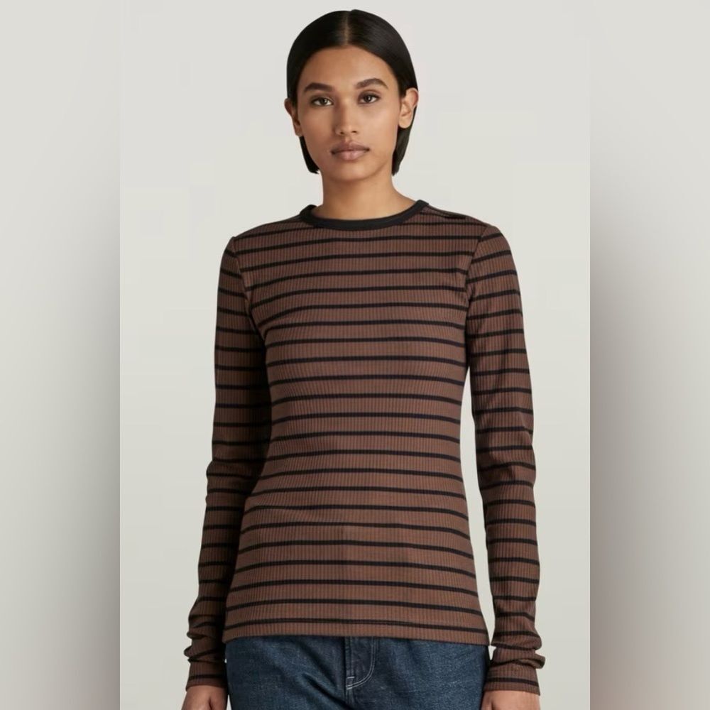 G-Star Striped Ribbed 95% cotton Long-Sleeve Tee in Brown and Black - size XXS
